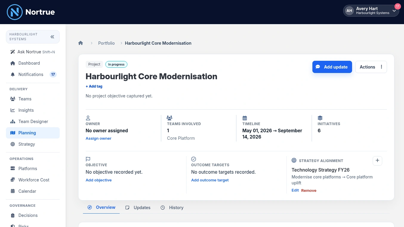 Animated Nortrue project update flow showing a user opening a project, adding an update, and seeing it saved in the updates feed.