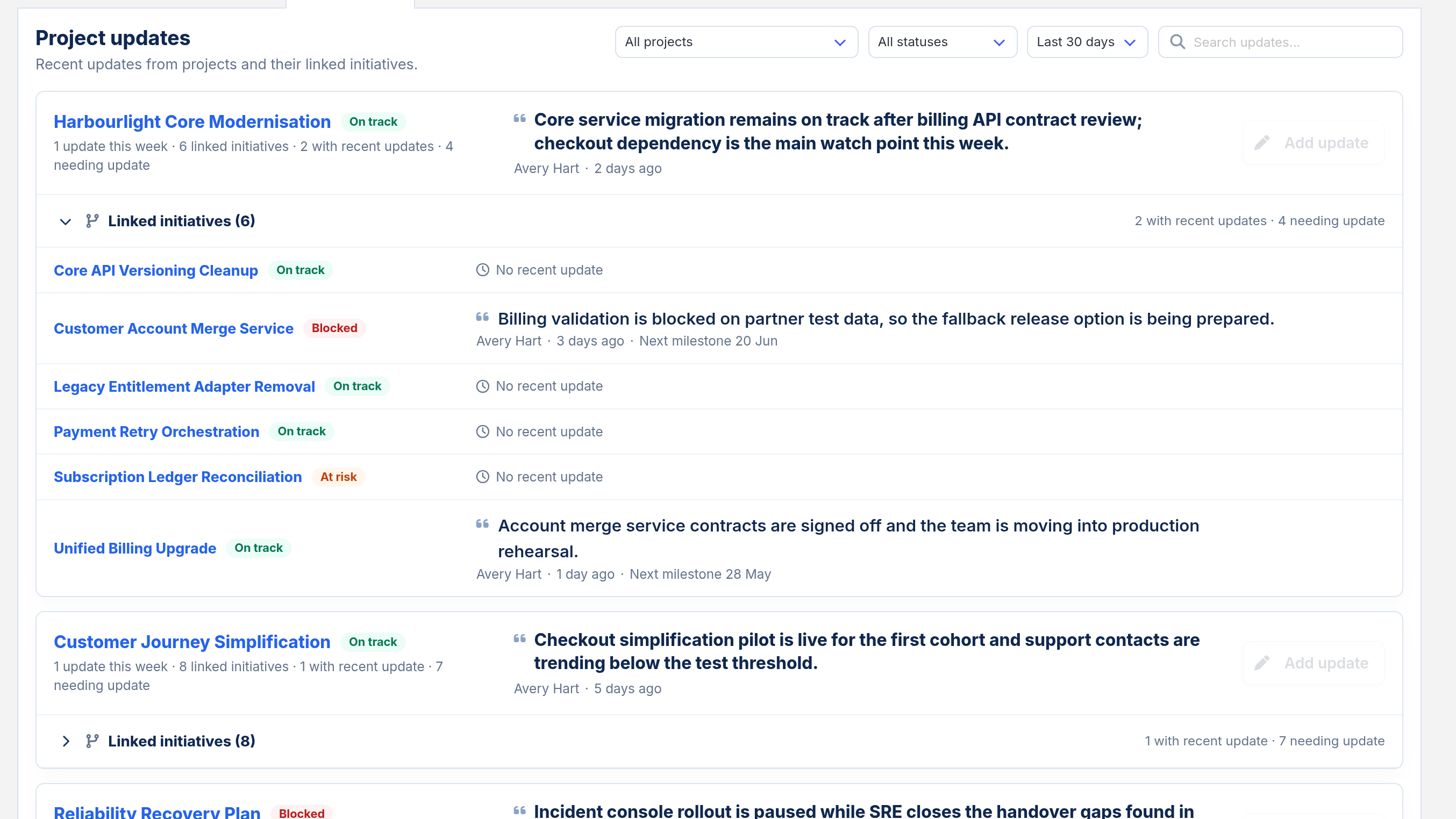 Nortrue Project Updates feed showing recent project and linked initiative updates with filters for project, status, and time window.