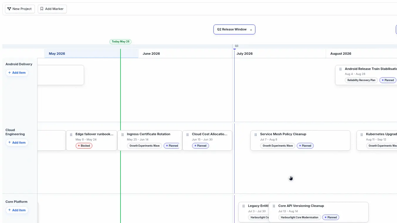 Animated Nortrue team roadmap showing roadmap items being adjusted across the planning timeline.