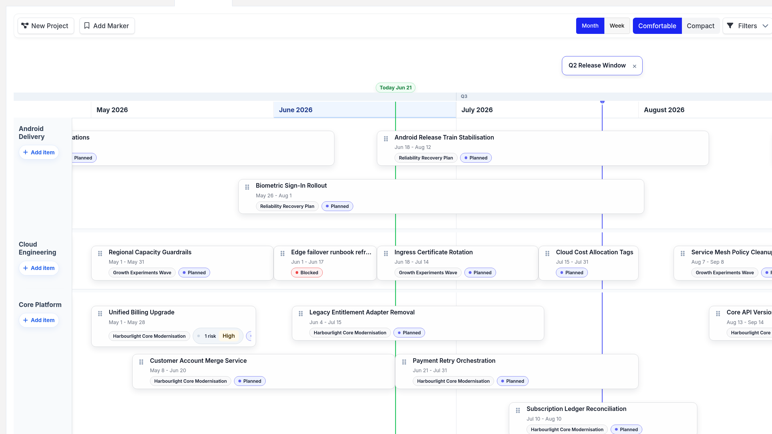 Nortrue team roadmap view showing planned work organised by team across a delivery timeline.