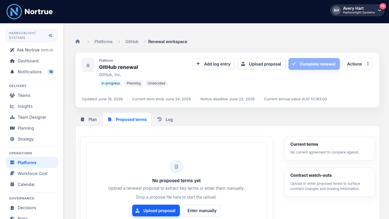 Animated Nortrue contract comparison flow showing a renewal proposal checked against the current SaaS agreement.